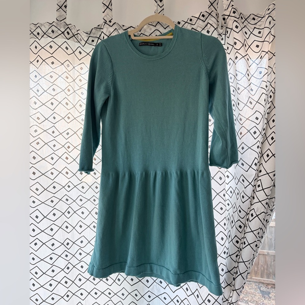 Gudrun Sjoden organic cotton knit dress 3/4 sleeve size S beautiful blue green.